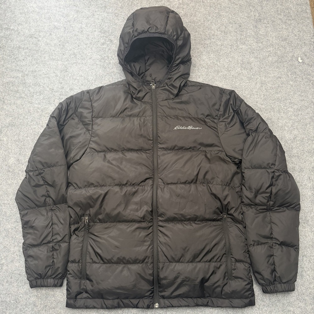 Eddie Bauer Men's Medium Widechannel Hooded Down Puffer Jacket M Black